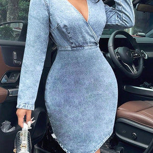 Surplice Long Sleeve Denim Dress