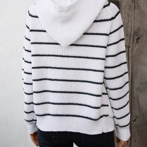 Striped Button Up Long Sleeve Hooded Cardigan