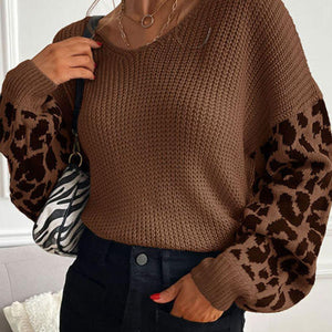 Perfee Leopard Sleeve Dropped Shoulder Sweater