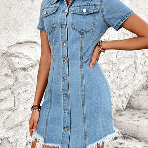 Raw Hem Button Up Short Sleeve Denim Dress