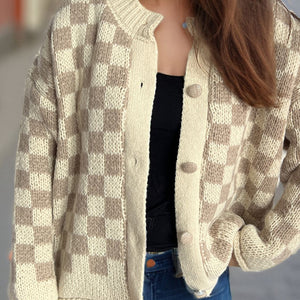 Checkered Button Up Round Neck Cardigan