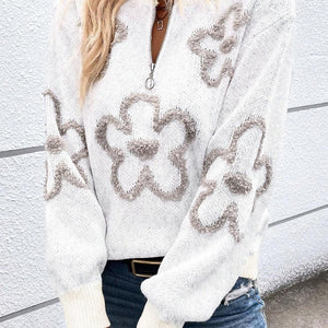 Flower Half Zip Dropped Shoulder Sweater