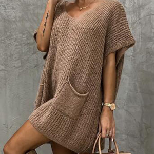 V-Neck Short Sleeve Sweater with Pockets