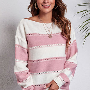 Striped Boat Neck Dropped Shoulder Sweater