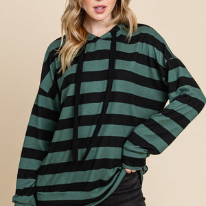 BOMBOM Drawstring Striped Dropped Shoulder Hoodie