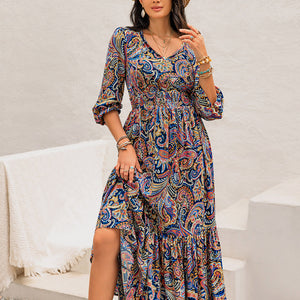 Printed Tie Neck Long Sleeve Midi Dress