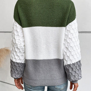 Color Block Round Neck Long Sleeve Sweater