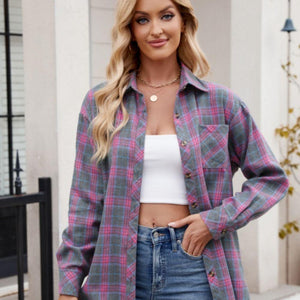 Mandy Pocketed Plaid Collared Neck Long Sleeve Shirt