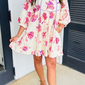 Tied Flower Printed Three-Quarter Sleeve Dress