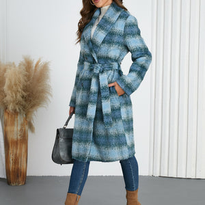 Plaid Tie Waist Long Sleeve Coat