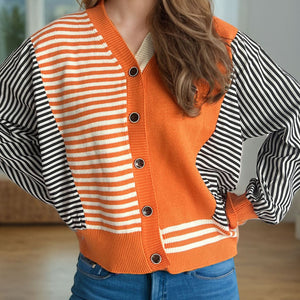 Striped Button Down Long Sleeve Cardigan