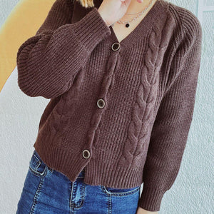 Cable-Knit V-Neck Button Down Long Sleeve Cardigan