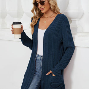 Pocketed Open Front Long Sleeve Cardigan