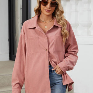 Button Up Dropped Shoulder Long Sleeve Outerwear