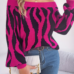 Off-Shoulder Animal Print Long Sleeve Sweater