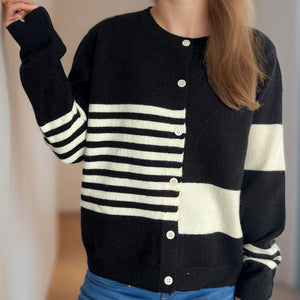 Striped Color Block Round Neck Cardigan