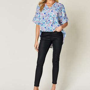 Double Take Full Size Printed V-Neck Short Sleeve Blouse