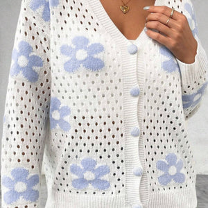 Flower Hollowed Out Button Down Long Sleeve Cardigan