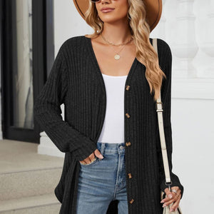 Ribbed Button Up Long Sleeve Cardigan