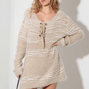 Thinkable Mixed-Stitch Front Tie Sweater Dress