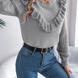 Ruffled Round Neck Long Sleeve Sweater