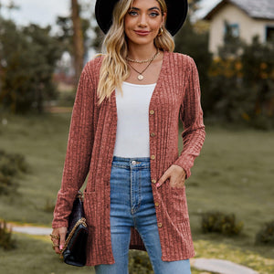 Ribbed Button-Up Cardigan with Pockets