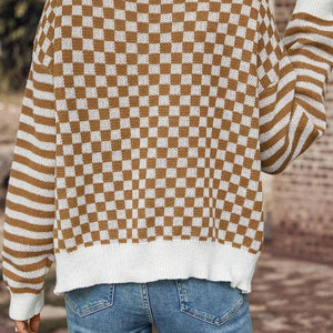 Checkered V-Neck Long Sleeve Cardigan