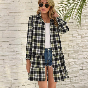 Ruffle Hem Plaid Button Down Long Sleeve Dress