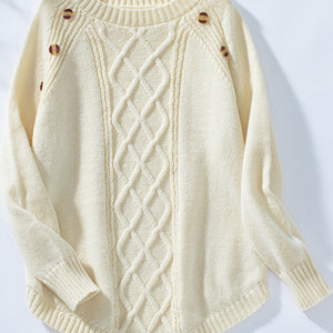 Decorative Button Round Neck Raglan Sleeve Sweater