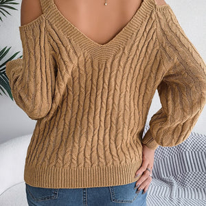 Cable-Knit Cold Shoulder Long Sleeve Sweater