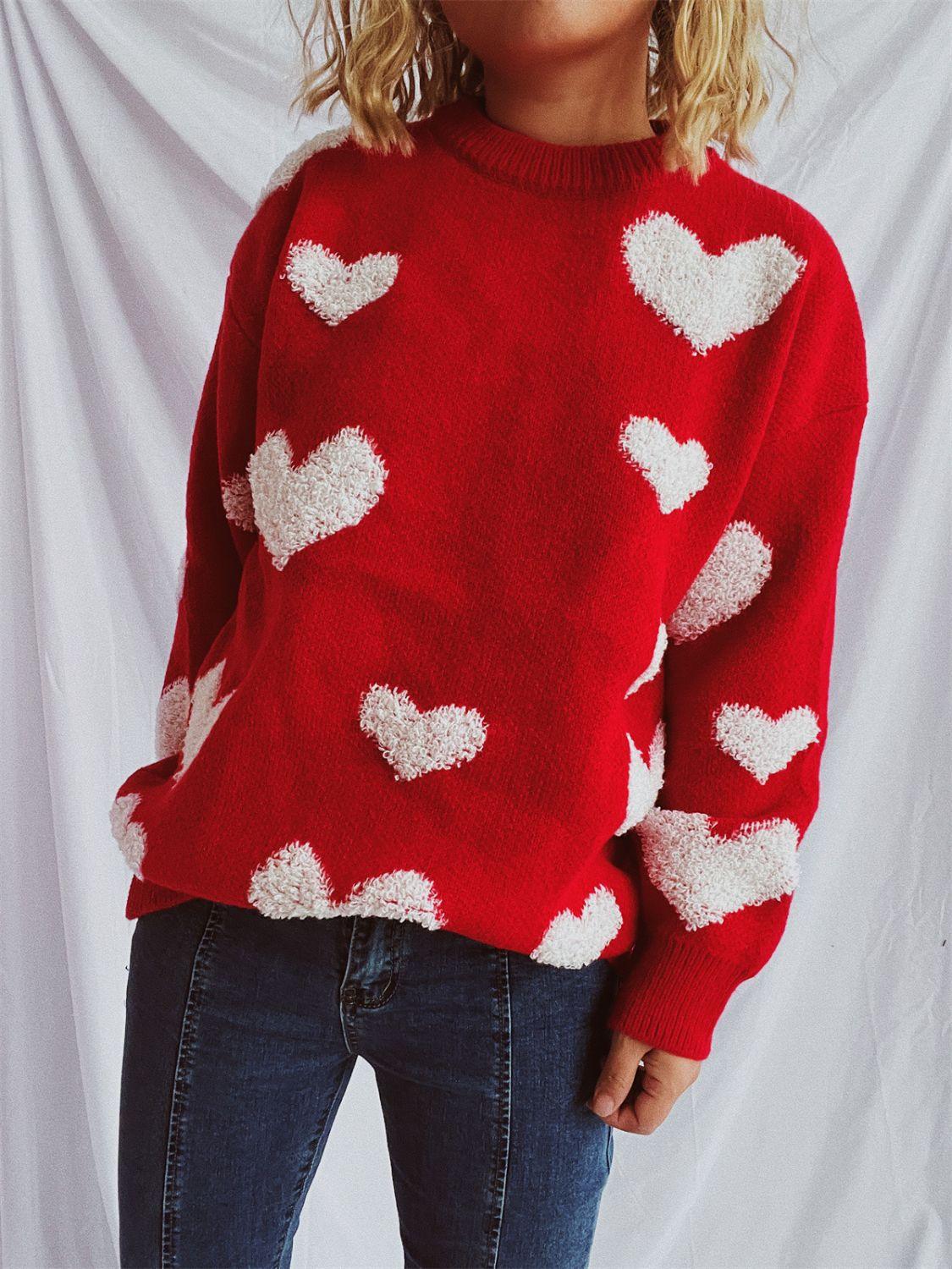 Heart Round Neck Dropped Shoulder Sweater