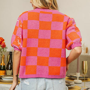 BiBi Checkered Short Sleeve Sequin Sweater