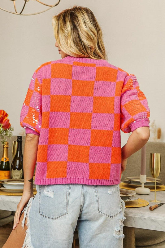 BiBi Checkered Short Sleeve Sequin Sweater