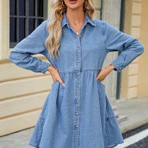 Tiered Button Up Long Sleeve Denim Dress