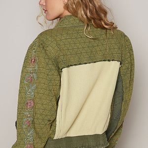 POL Embroidered Sleeve Raw Edge Quilted Jacket