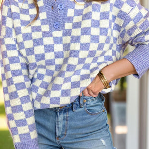 Plus Size Checkered Collared Neck Long Sleeve Sweater