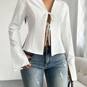 Devine Slit Tied Collared Neck Long Sleeve Blouse