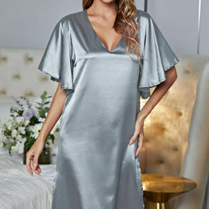 Satin Flutter Sleeve Side Slit V-Neck Night Dress