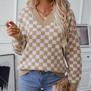 Checkered V-Neck Dropped Shoulder Sweater