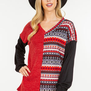 Celeste Full Size Contrast Geometric V-Neck Long Sleeve Blouse