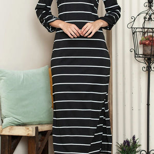 Slit Striped Scoop Neck Long Sleeve Midi Tee Dress