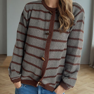 Striped Round Neck Long Sleeve Cardigan