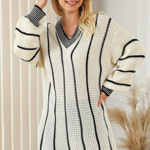 Striped V-Neck Dropped Shoulder Sweater