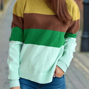 Color Block Round Neck Long Sleeve Sweater