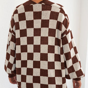 Checkered Open Front Long Sleeve Cardigan