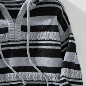 Drawstring Striped Long Sleeve Hooded Sweater