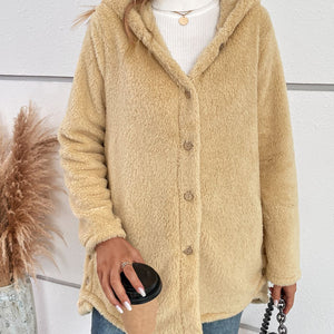 Fuzzy Button Up Hooded Jacket