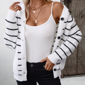 Striped Button Up Long Sleeve Hooded Cardigan