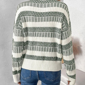 Perfee Contrast Round Neck Long Sleeve Sweater