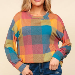 Haptics Round Neck Color Block Plaid Top